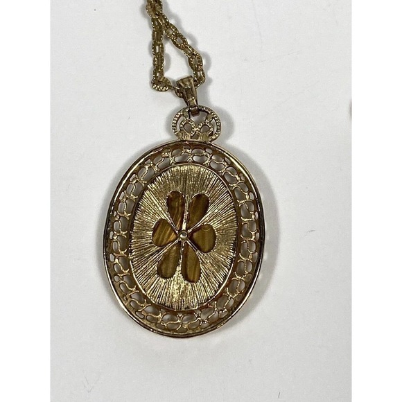 Sarah Coventry Necklace Gold Tone Faux Lucite Tiger Eye Pendant Vintage 70s - Picture 10 of 13